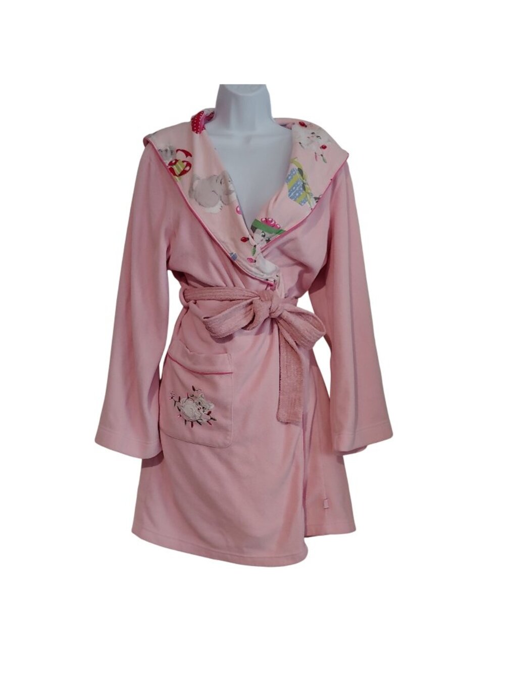 Nick & Nora Pink Hooded Fleece Rose With Playing Kittens Christmas Lights Cozy S